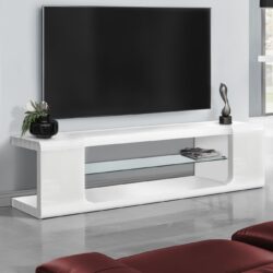 TV Stand, Console, Media Entertainment Center, Storage Shelves, Glossy Contemporary & Modern - White