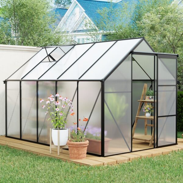 6X10 Ft Polycarbonate Greenhouse Raised Base And Anchor Aluminum Heavy Duty Walk-In Greenhouses For Outdoor Backyard In All Season - Black