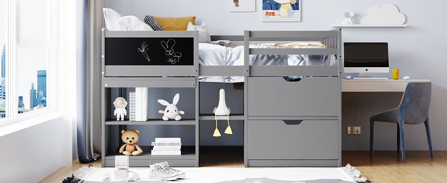 Twin Size Low Loft Bed With Rolling Desk, Shelf And Drawers - Gray - Image 18