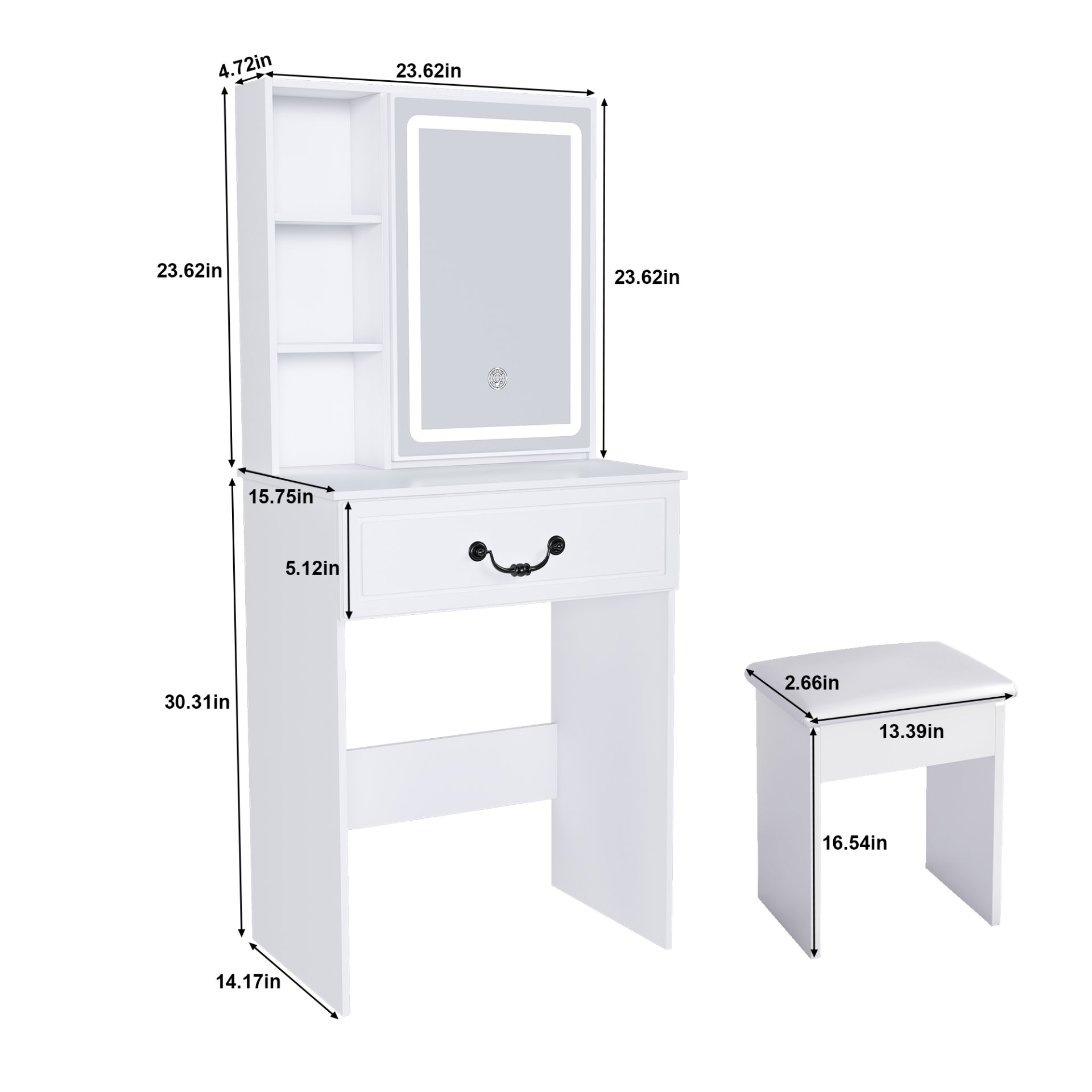 Modern Mini Dressing Table With Led-Lit Mirror & Hidden Storage, Adjustable Brightness Vanity Desk - White - Image 3