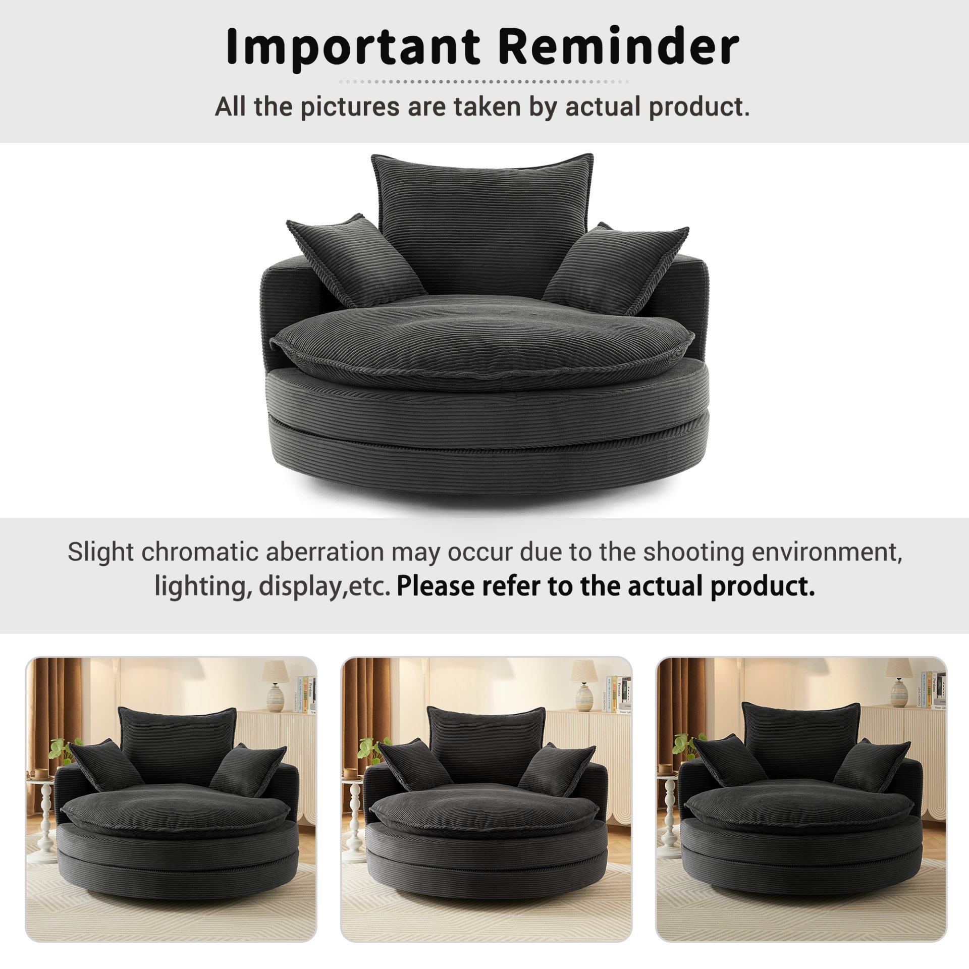 Modern 360° Swivel Sofa Chair With Dual Layer Cushion And Removable Pillows Corduroy - Black - Image 8