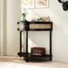 Boho Rattan Semi Circle End Table With Sliding Door, Elegant Wood Accent Table With Storage And Bottom Shelf - Black - Image 2