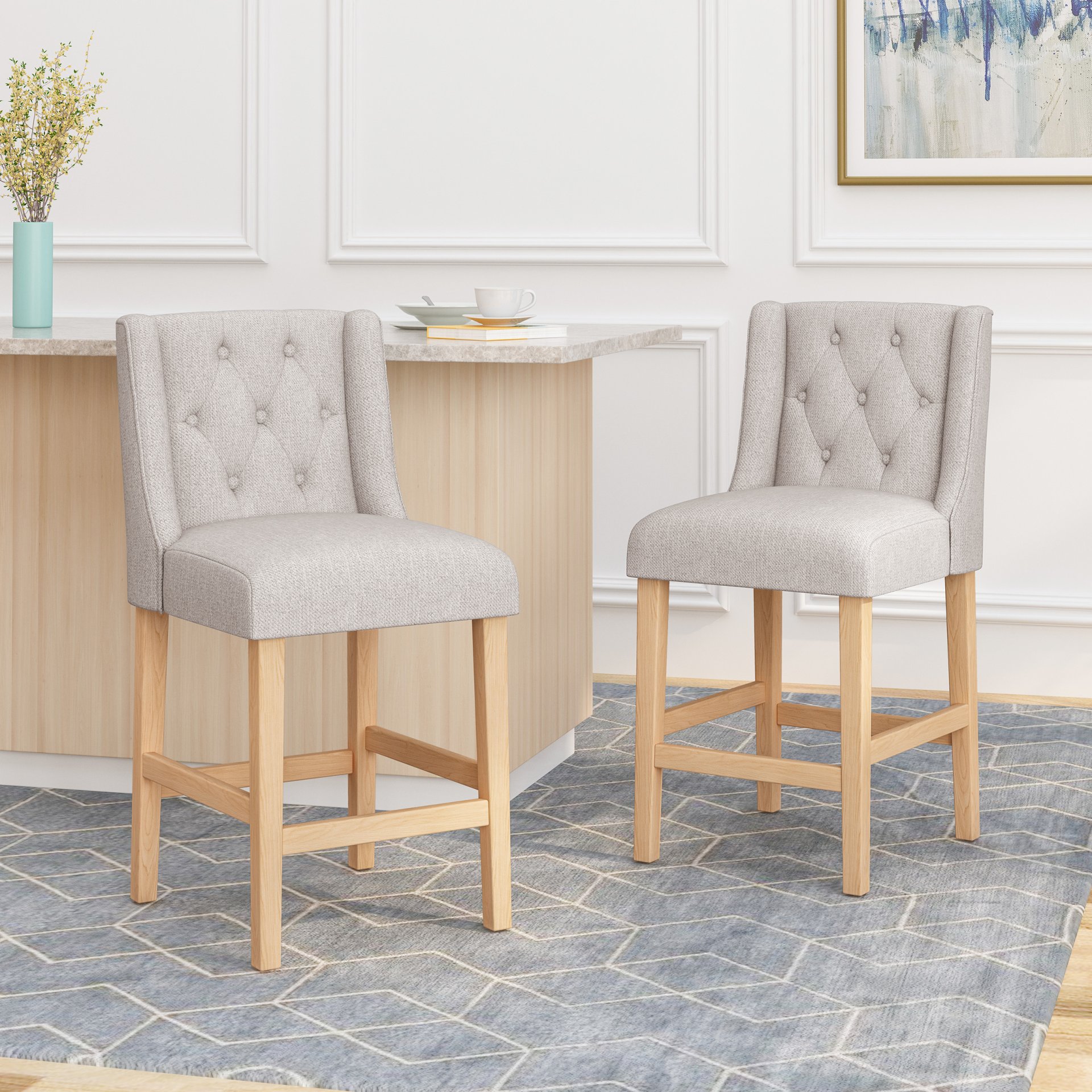 Vienna - Contemporary Fabric Tufted Wingback Counter Stools, (Set of 2) - Light Gray / Natural - Image 5