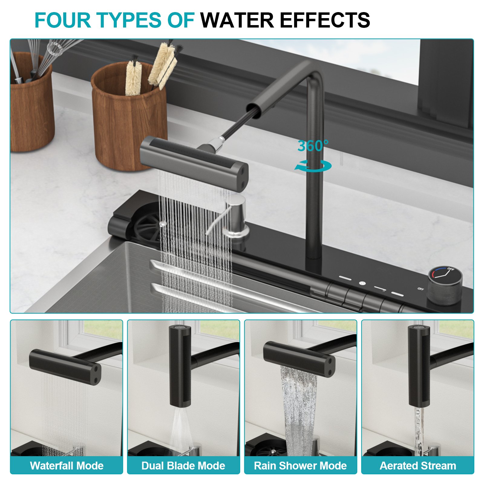 30" Kitchen Sink Waterfall Single Bowl Ledge Workstation With Smart LED Faucet, 16 Gauge T304 - Brushed Nickel - Image 8