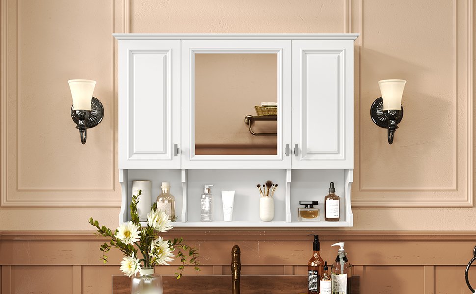 Wall Mounted Bathroom Medicine Cabinet, Modern Bathroom Wall Cabinet With Mirror, Mirror Cabinet With Open Shelves - White - Image 22