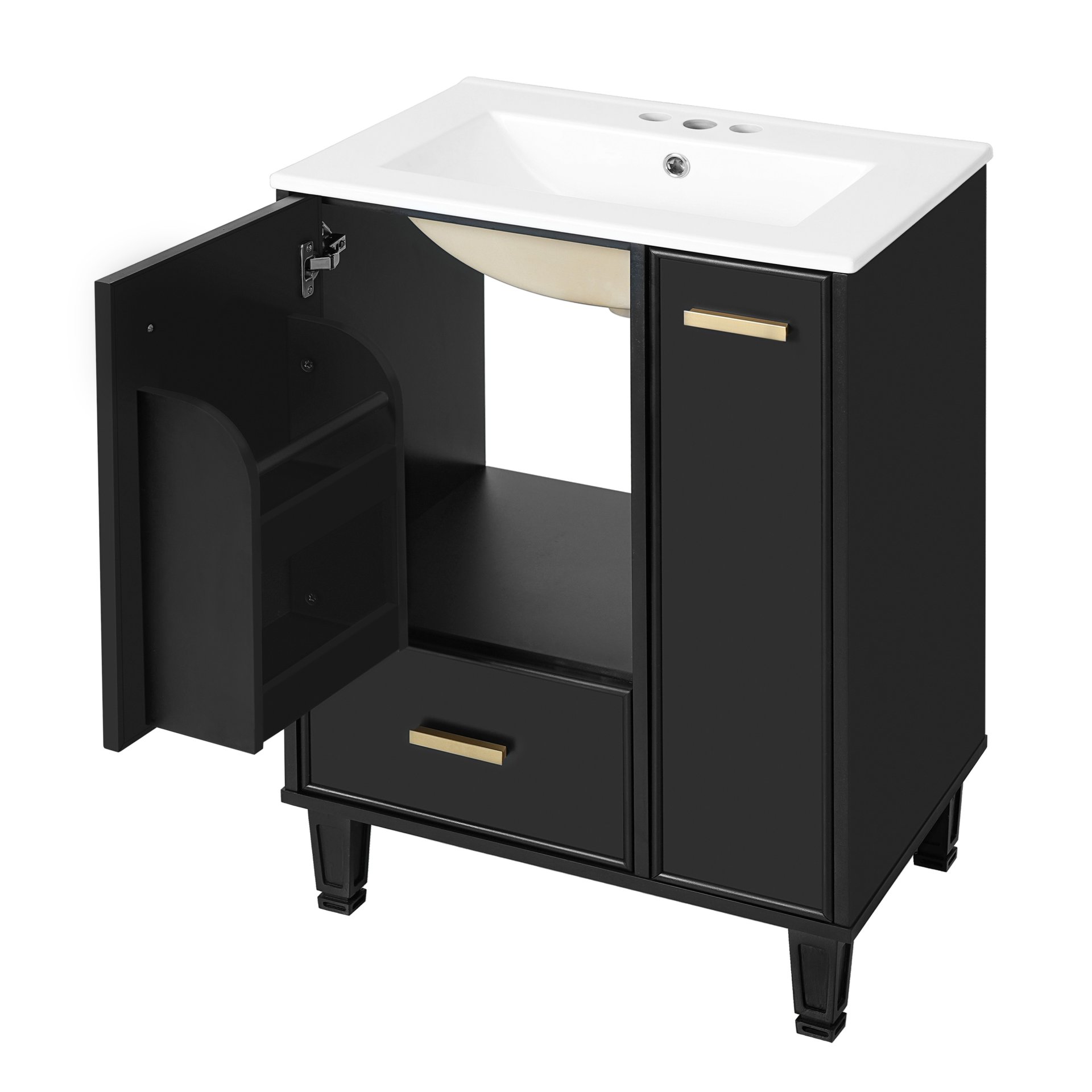 Modern Solid Wood And 24" Bathroom Vanity With Sink, Deep Drawer, Door Shelf, 2 Tier Basket - Black - Image 17