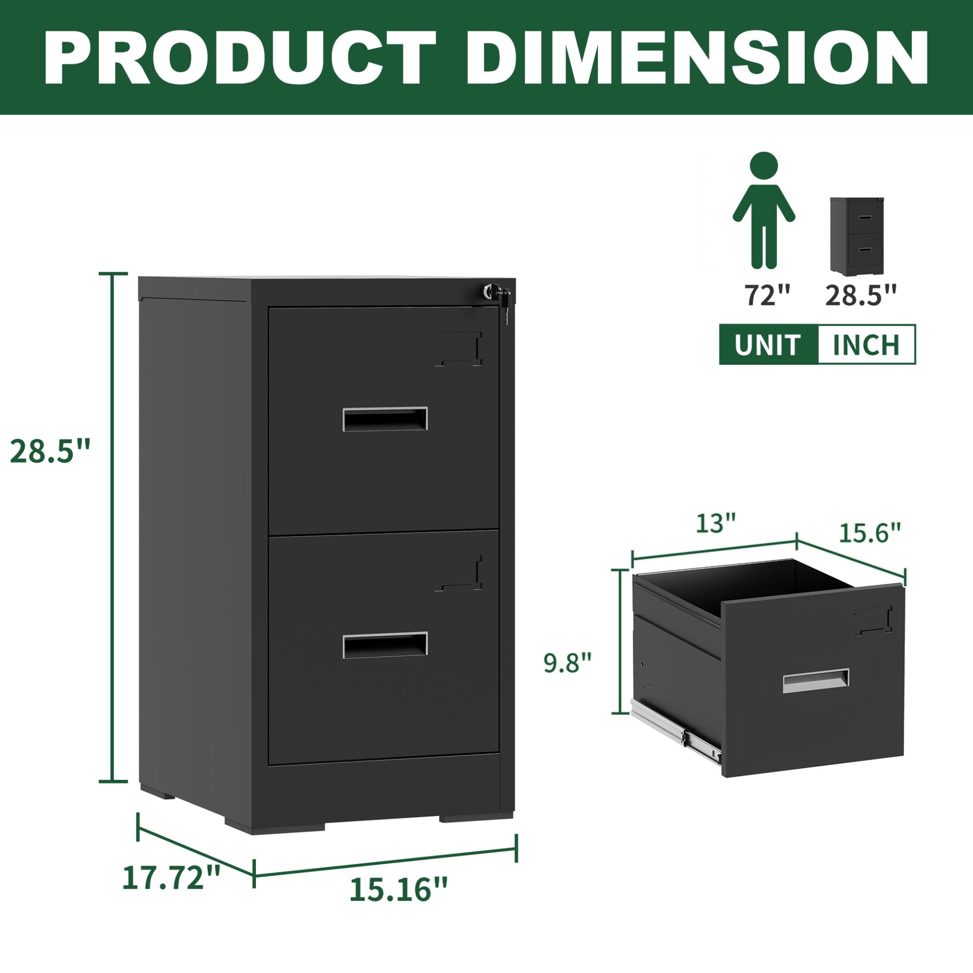 Modern 2 Drawer Metal Vertical File Cabinet With Lock And Card Slot For Office And Home Use - Black - Image 3