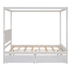 Full Size Canopy Platform Bed 2 Drawers With Support Slats, No Box Spring Needed - Brushed White