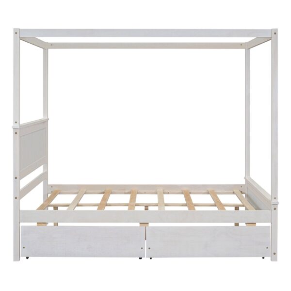 Full Size Canopy Platform Bed 2 Drawers With Support Slats, No Box Spring Needed - Brushed White