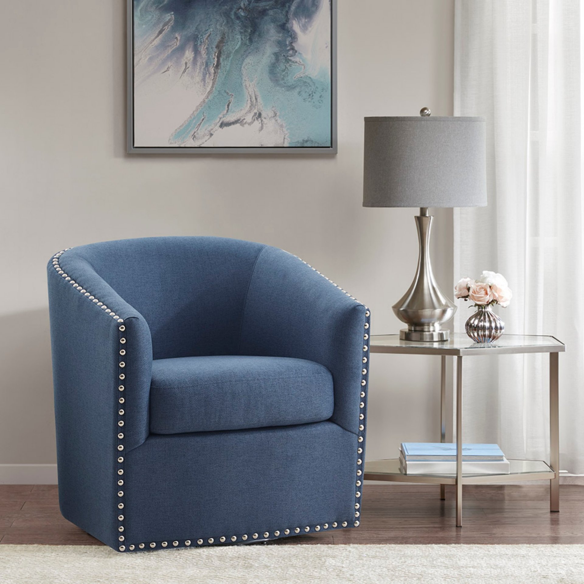Luxurious Swivel Chair With 360 Degree Rotation Fabric And Solid Wood - Blue - Image 2