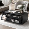 Modern Rectangle Coffee Table With 4 Drawers And 2 Display Shelves, Tempered Glass For Living Room - Black - Image 2