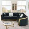 Shaped Chesterfield Sectional Sofa With Stainless Steel Accents Velvet Button Tufted Sofa With 5 Pillows Luxury Couch For Living Room - Black - Image 5