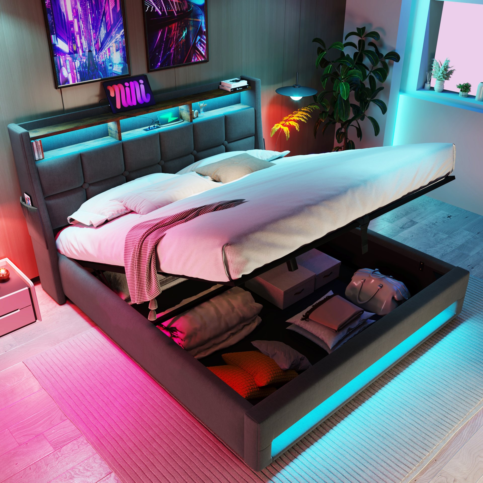 Full Size Upholstered Platform Bed With A Hydraulic Storage System, LED And USB Charging (Without Mattress) - Gray - Image 2
