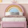 Twin Size Upholstered Rainbow Design Bed, Velvet Princess Platform Bed With Storage Drawer, No Box - Spring Needed - Colorful / Pink - Image 6