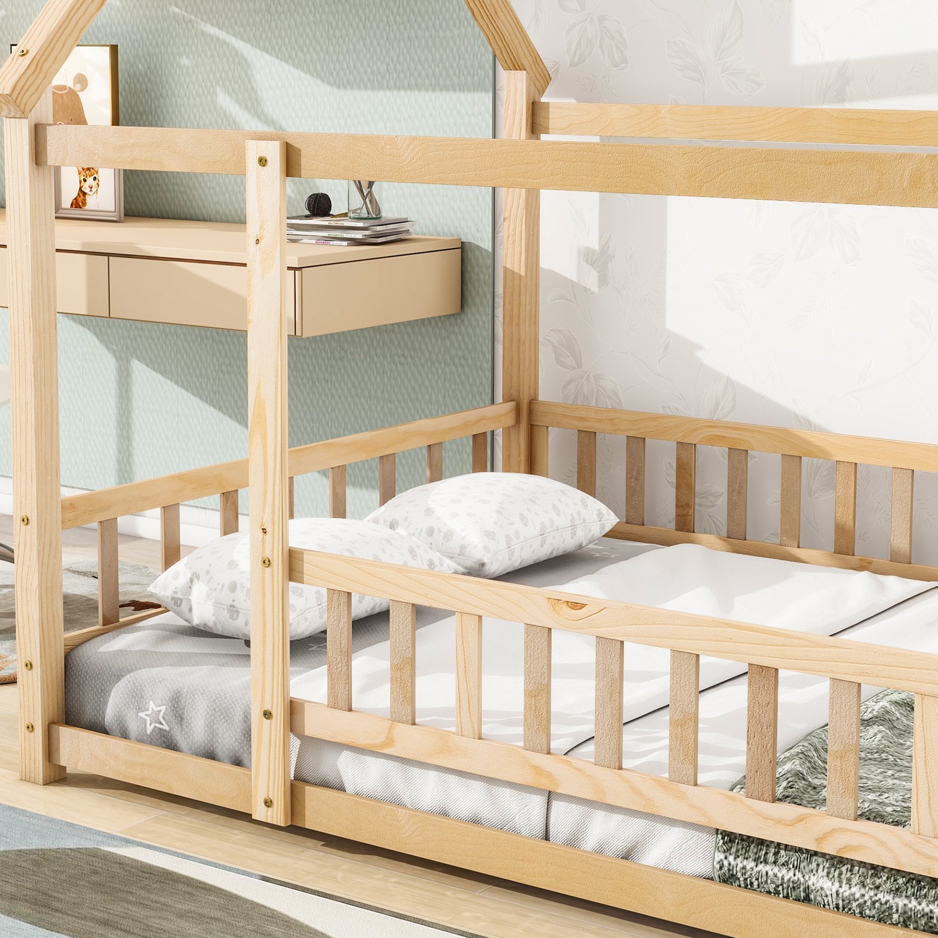 Full Size Floor Wooden Bed With House Roof Frame, Fence Guardrails - Nartural - Image 4