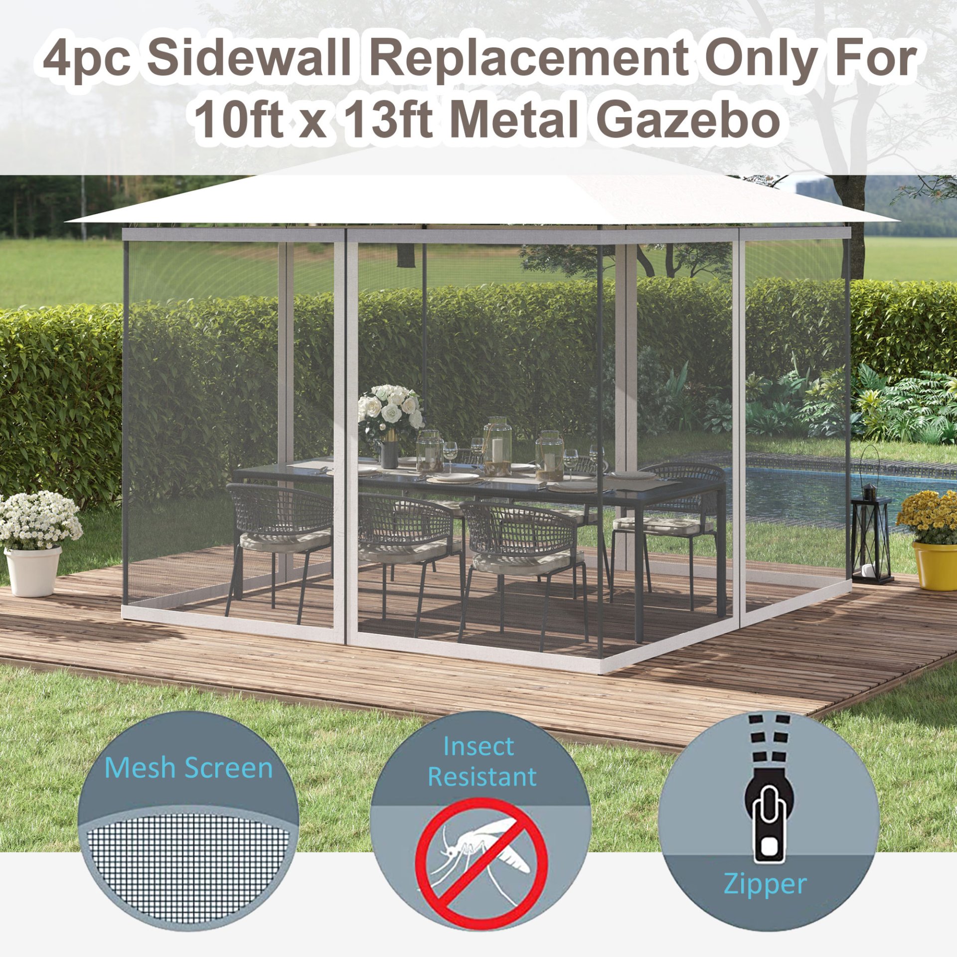 Outsunny - 10' x 13' Replacement Mesh Sidewall Netting For Patio Gazebos And Canopy Tents With Zippers (Sidewall Only) - White - Image 8