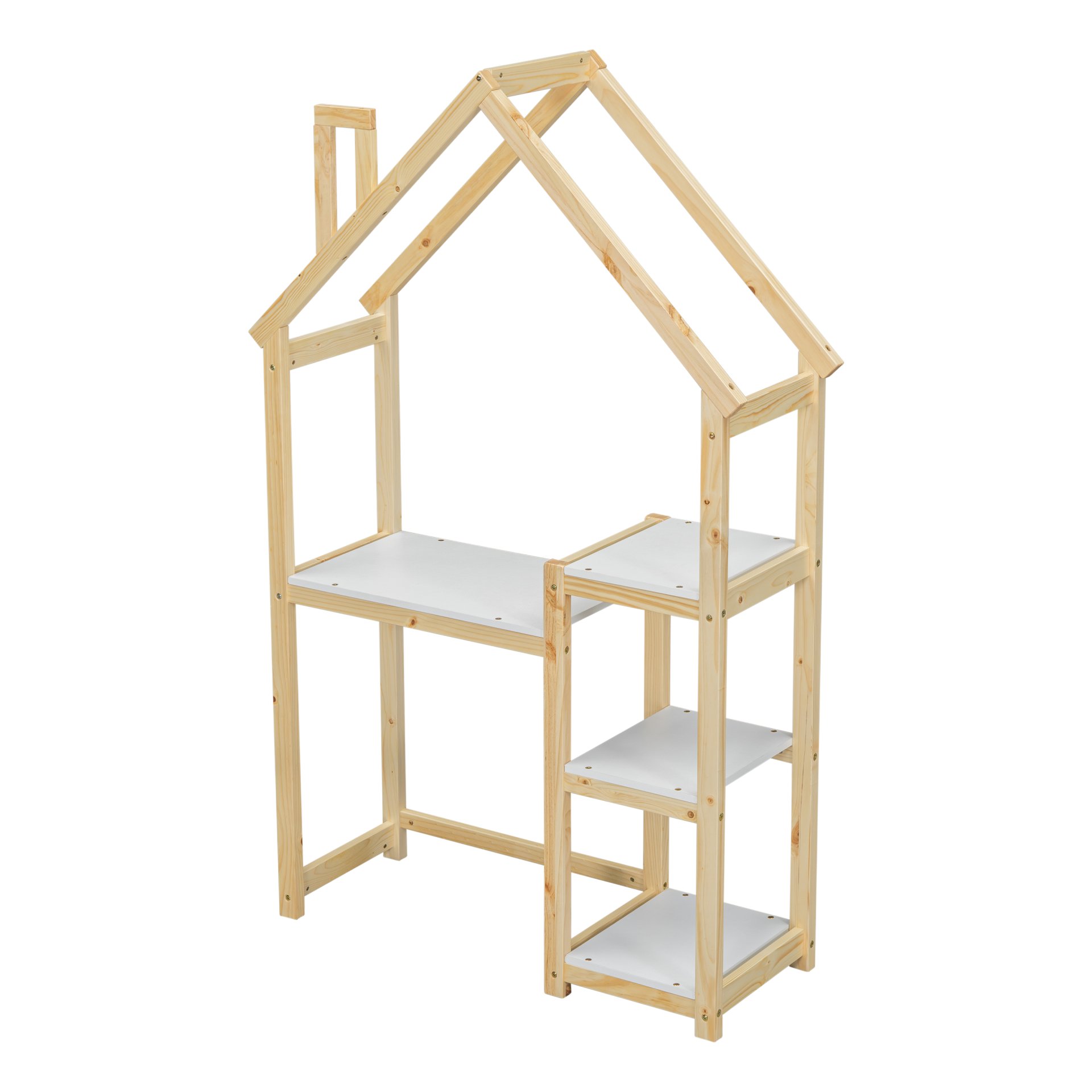 House-Shaped Wooden Writing Desk, Kids Study Table, Bookshelf & Toy Storage - Natural - Image 11