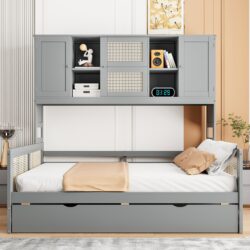 Full Size Wooden Daybed & Twin Size Trundle, And All In One Cabinet And Shelf - Gray