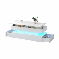 Contemporary Foldable Coffee Table With Drawers And LED White & Metal 3 Tier Design - White