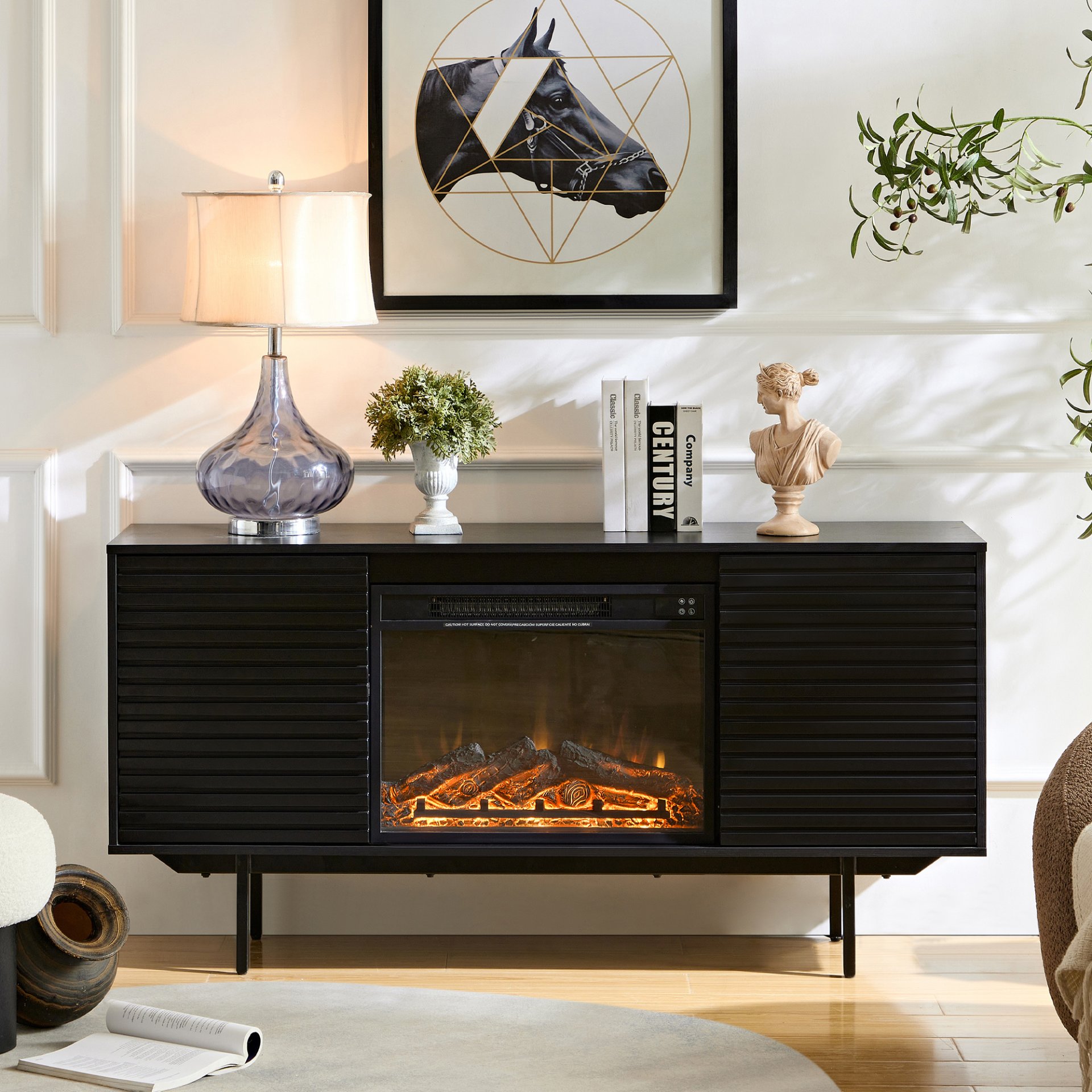 Oak Board Cabinet, The Middle Layer Board On Both Sides Of The Cabinet Can Be Adjusted, The Furnace Is Embedded In The Middle Grid With The Remote Control - Black - Image 2