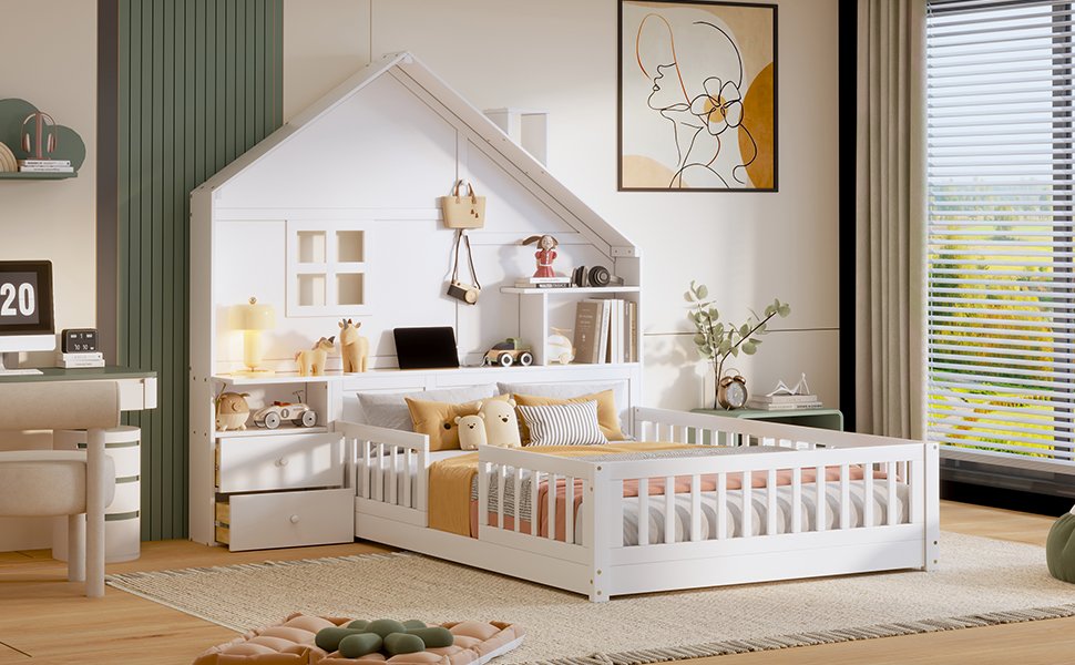 Full Size House Bed With Window And Bedside Drawers, Platform Bed With Shelves And A Set Of Sockets And USB Port - White - Image 18