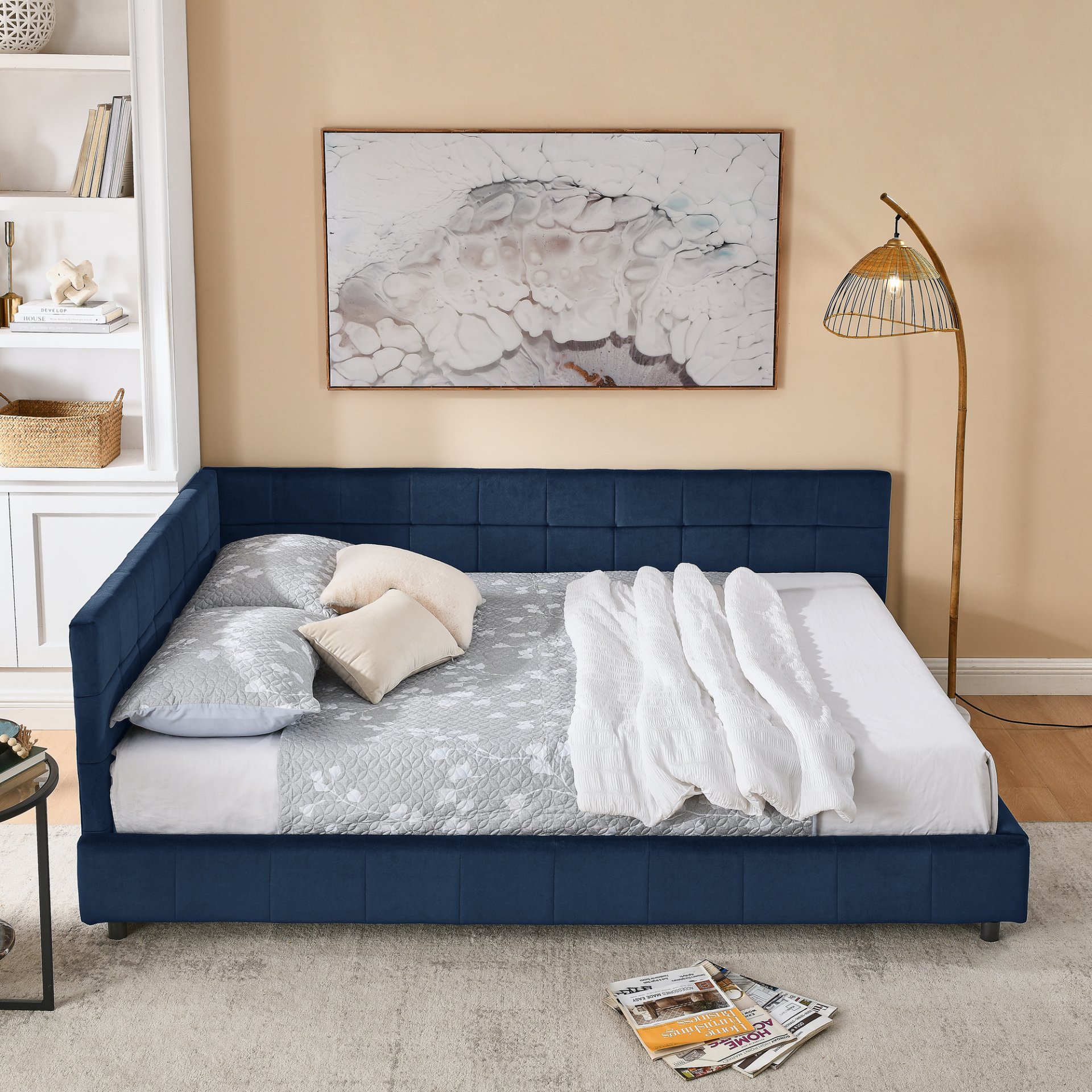 Mid Century Upholstered Tufted Queen Size Bed Frame With Backrest And Armrests Velvet - Dark Blue - Image 6