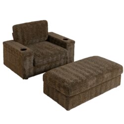 Oversized Chaise Lounge Indoor Rabbit Fur Sofa Bed With Storage Ottoman And Armrests Cup Holders With Deep Seat - Brown