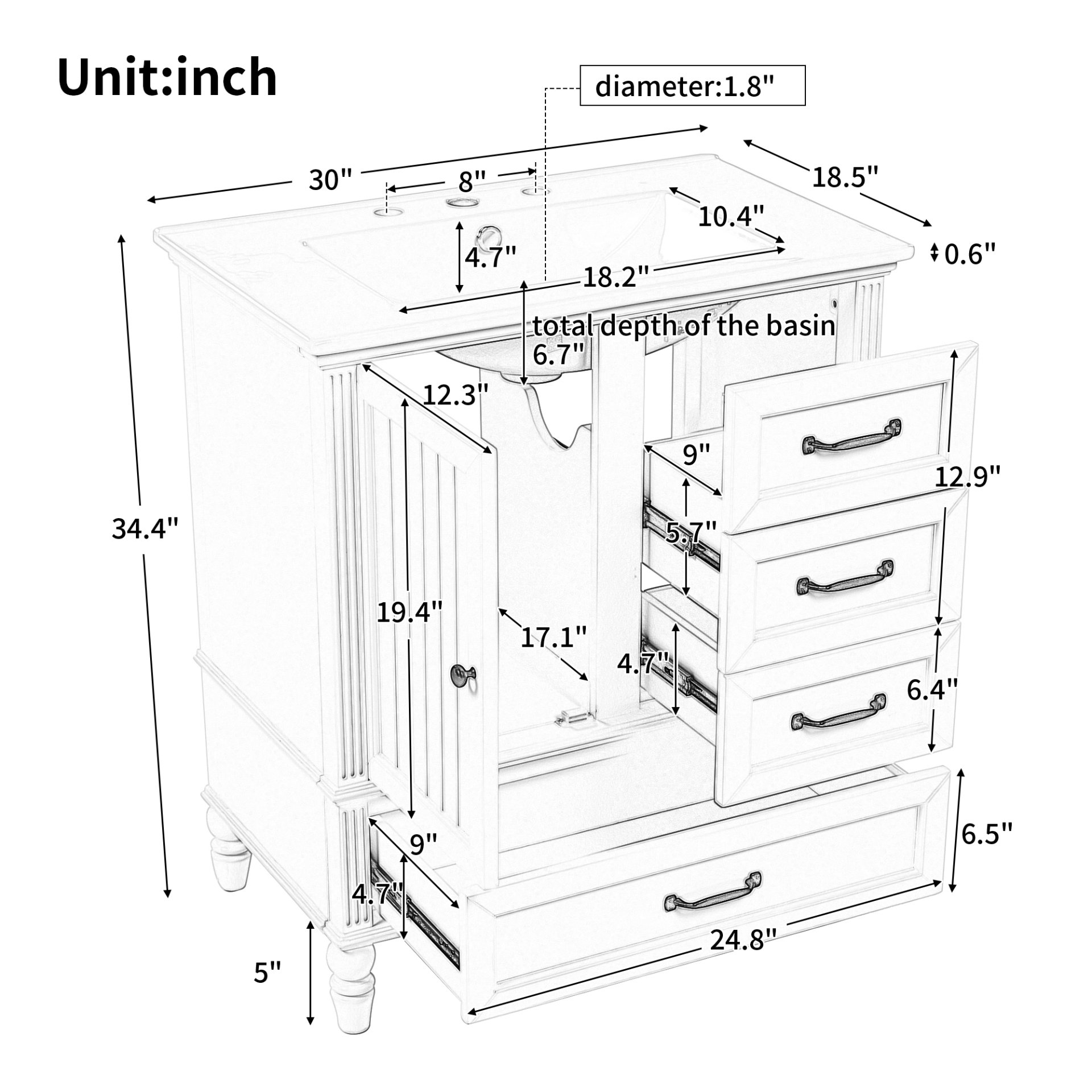 30" Bathroom Vanity With Sink, Bathroom Cabinet With A Door, 3 Drawers Legs, Adiustable Foot Pads - Gray - Image 3