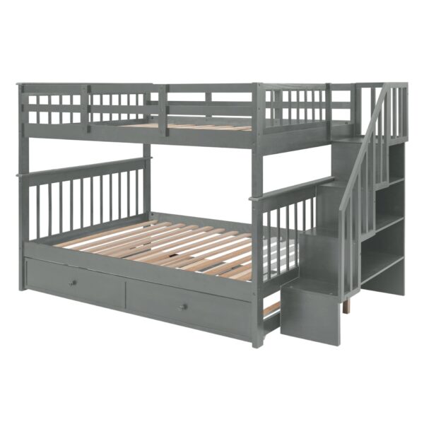 Full Over Full Stairway Bunk Bed With Twin Size Trundle, Storage And Guard Rail For Bedroom - Gray