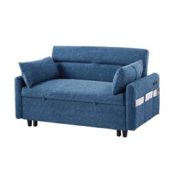 Pull Out Sleep Sofa Bed Loveseats Sofa Couch With Adjsutable Backrest, Storage Pockets, 2 Soft Pillows, USB Ports For Living Room, Bedroom, Apartment, Office - Blue