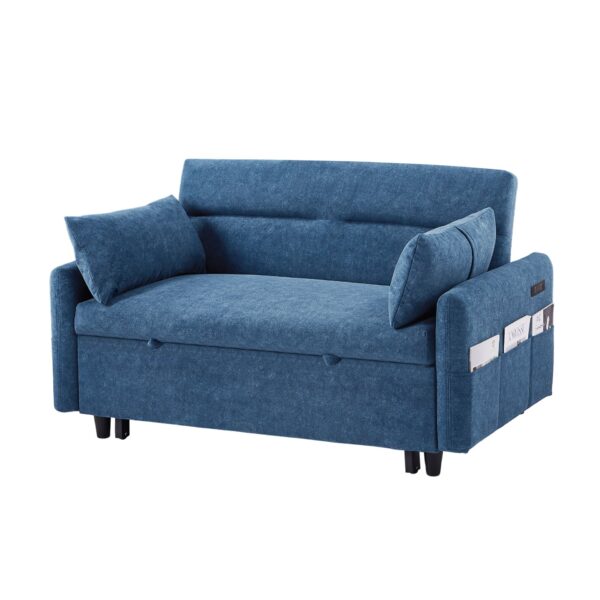 Pull Out Sleep Sofa Bed Loveseats Sofa Couch With Adjsutable Backrest, Storage Pockets, 2 Soft Pillows, USB Ports For Living Room, Bedroom, Apartment, Office - Blue