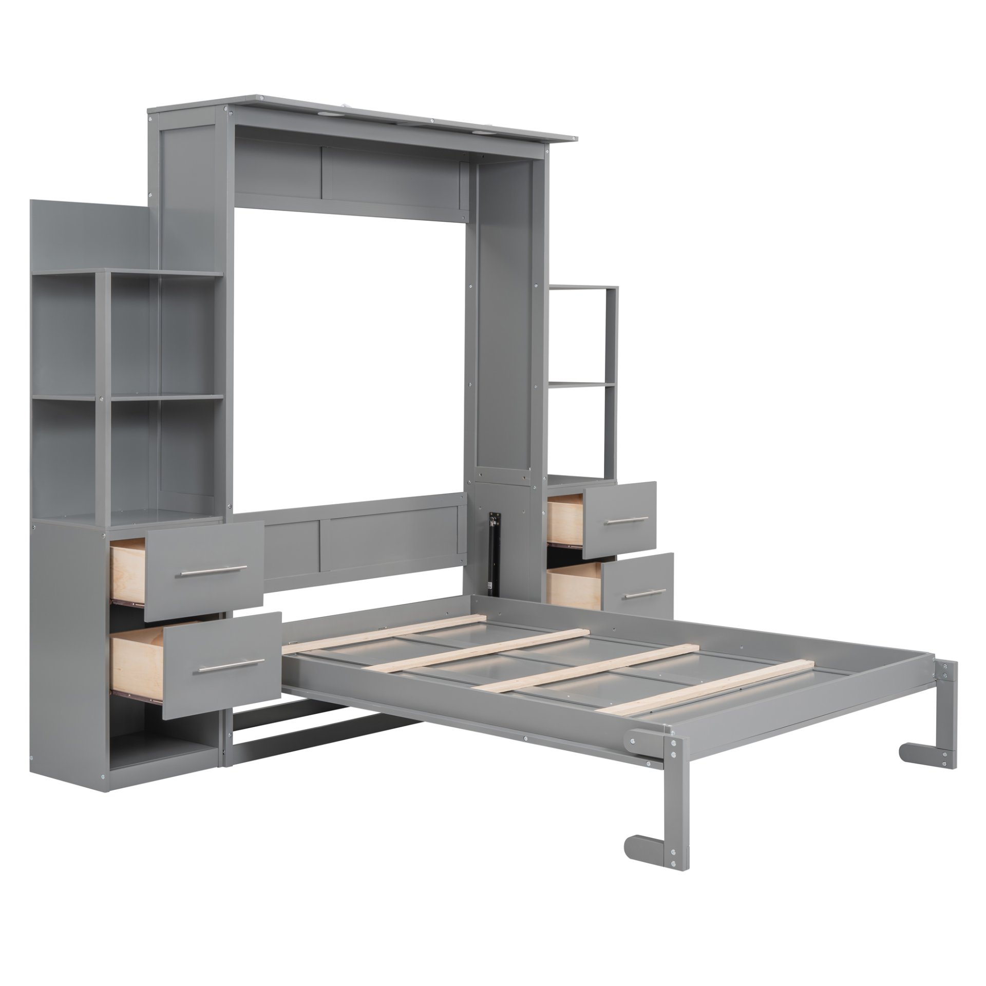 Full Size Murphy Wall Bed & Shelves, Drawers And LED Lights - Gray - Image 8