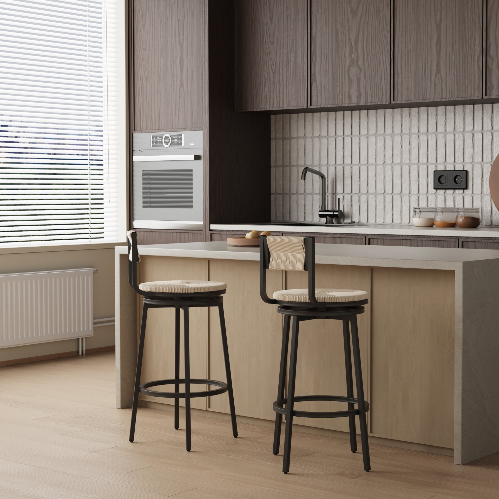 Bar Stools Swivel Counter Chairs With Metal Frame (Set of 2) Hand Woven Paper Rope Dining Barstools For Kitchen Counter - Creamy White - Image 2