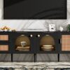 Rattan TV Stand With 3 Cabinets & 2 Drawers, Rattan-Inspired Media Console Table For Tvs Up To 80'', LED Light Entertainment Center, TV Cabinet For Living Room - Black - Image 16