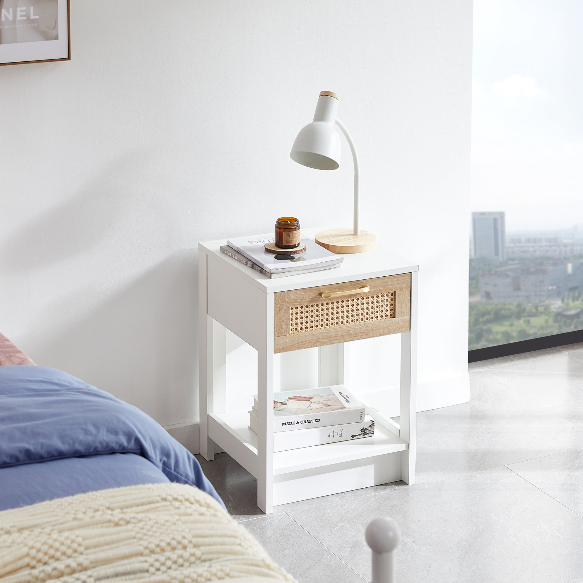 15.75" Rattan End Table With Drawer, Modern Nightstand, Side Table For Living Room, Bedroom - White - Image 4