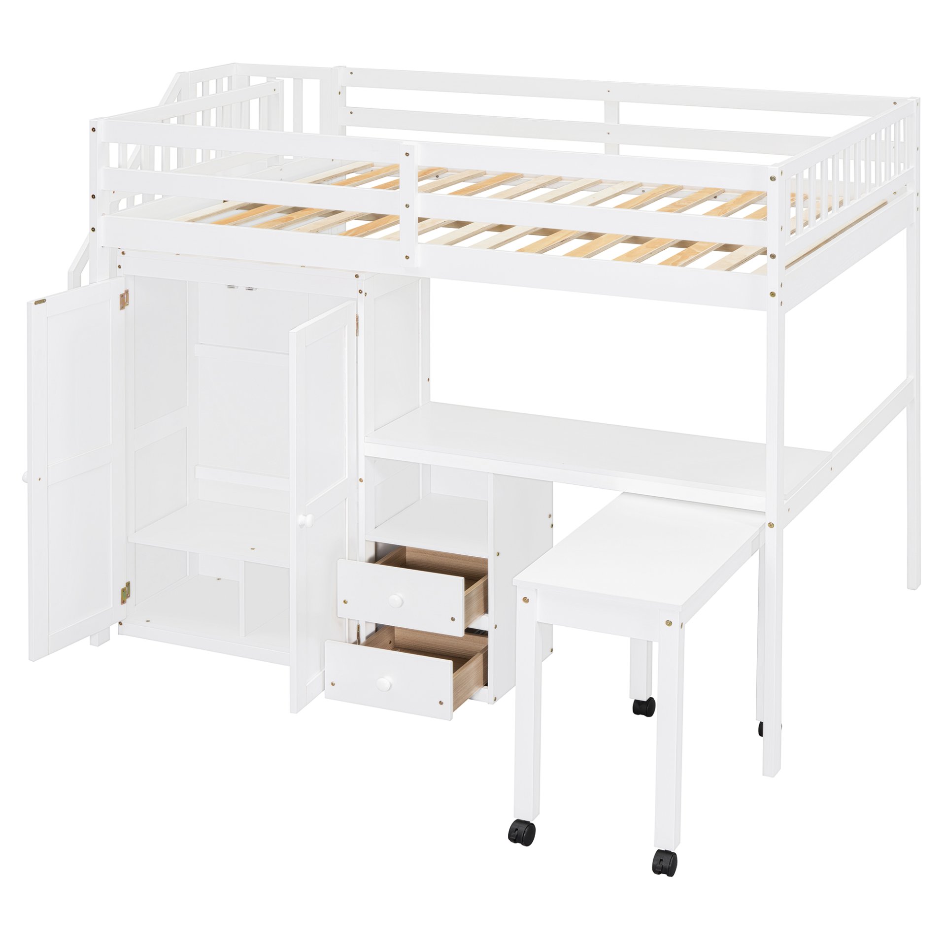 Full Size Loft Bed With Stairs, Bookshelf, Drawers, Desk & Wardrobe, Space Saving Multifunctional Furniture - White - Image 16