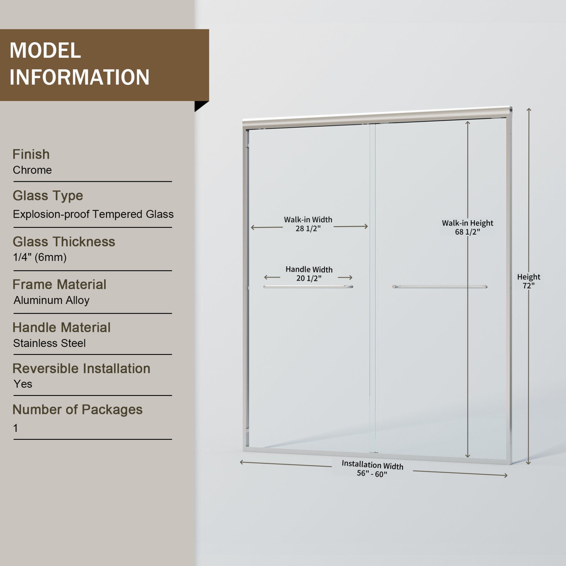 Double Sliding Shower Door, Semi Frameless Bypass Bathroom Sliding Door With 1 / 4" (6Mm) Tempered Glass For Walk In Shower - Chrome - Image 3