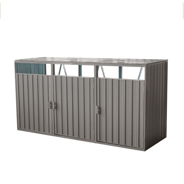 Garbage Bin Shed Stores 3 Trash Cans Metal Outdoor Bin Shed For Garbage Storage, Stainless Galvanized Steel, Bin Shed For Garden Yard Lawn - Gray