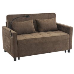 Loveseat Sofa Pull Out Sofa Bed Sleeper Sofa With A Reversible Backrest Cushion, Side Pockets, 2 USB Ports And A Phone Holder For Living Room - Brown