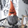 Sitting Gnome With Knit Hat, For Halloween Decor - Black / Orange / White - Image 7