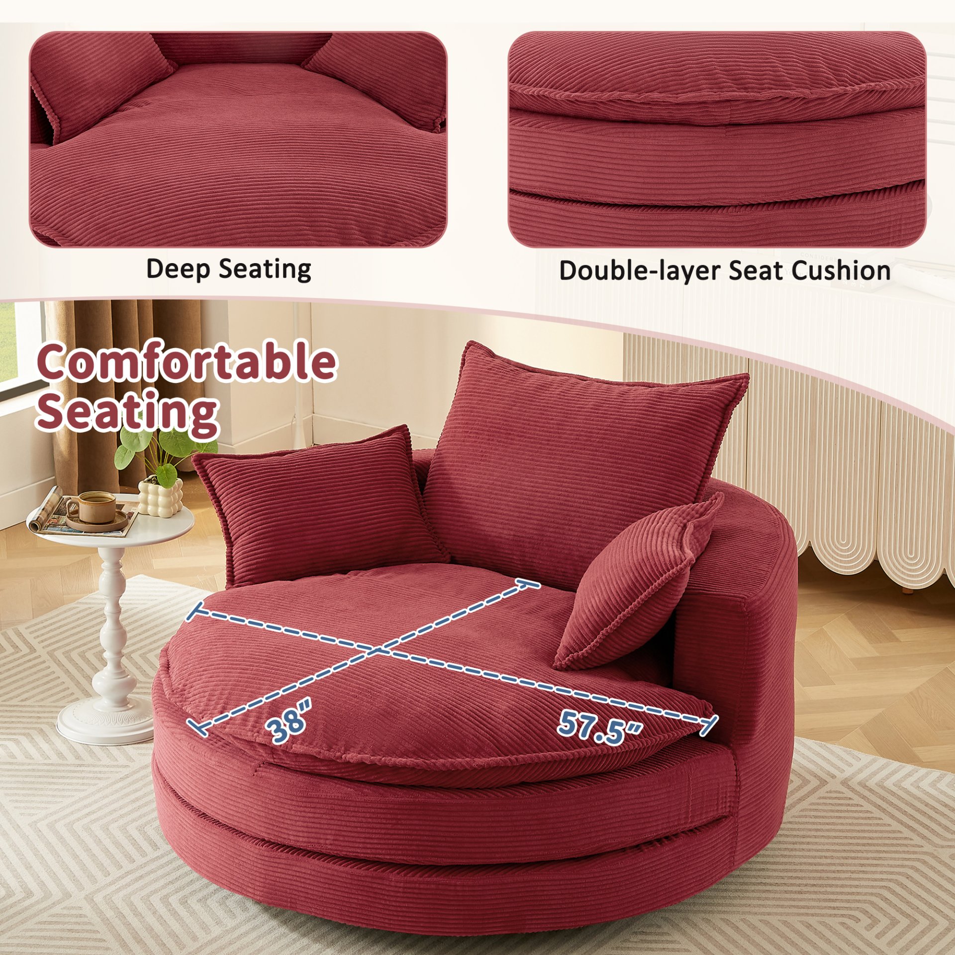 360° Swivel Sofa Chair Accent Barrel Chair With Dual Layer Cushion And Removable Pillows - Red - Image 6