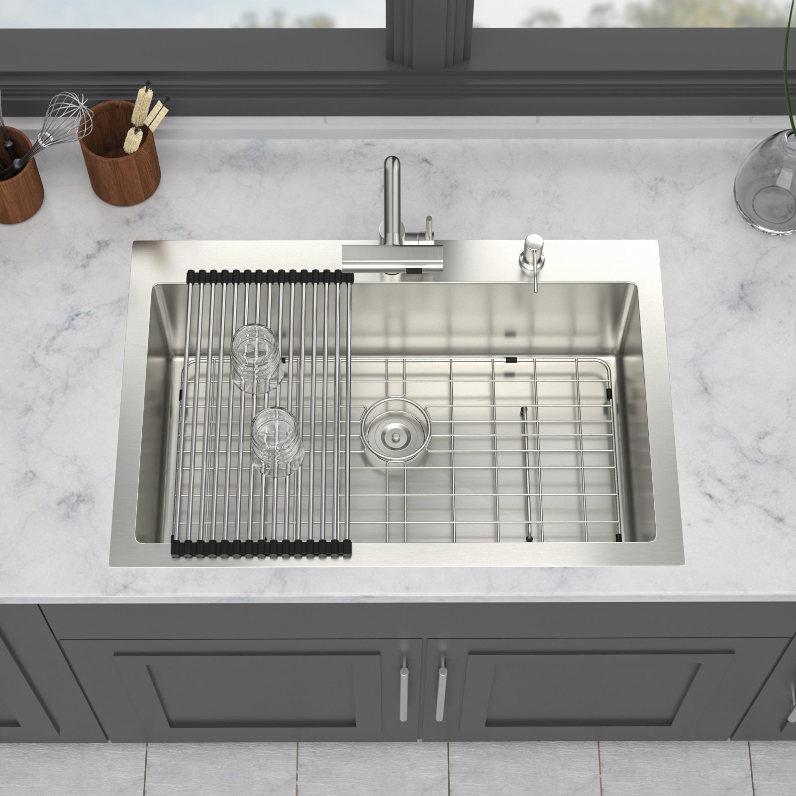 Drop In Kitchen Sink With Pull Down Faucet And Soap Dispenser - Brushed Nickel - Image 11