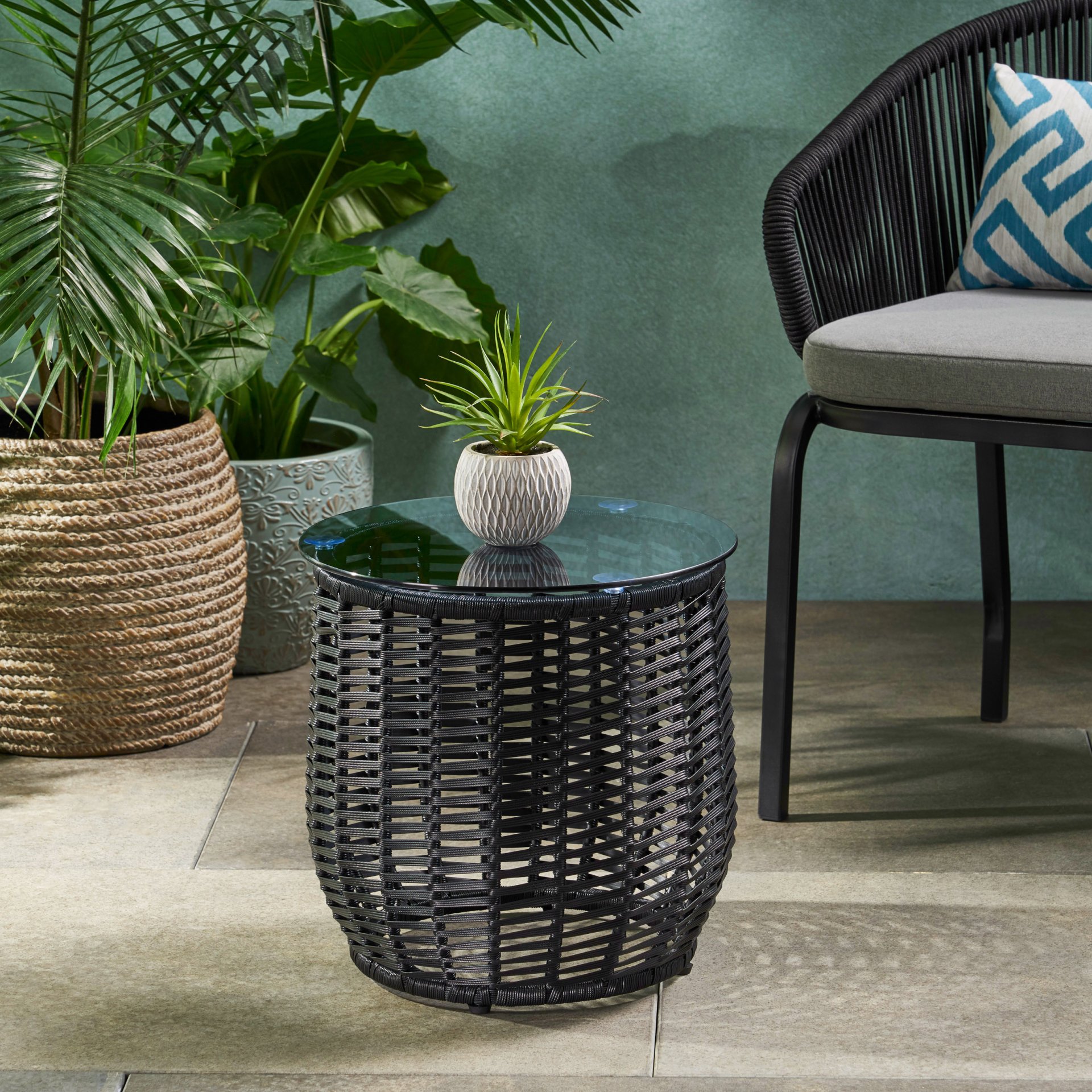 Arias - Boho Side Table With Tempered Glass Top And Rattan Wrap - Black - Image 2