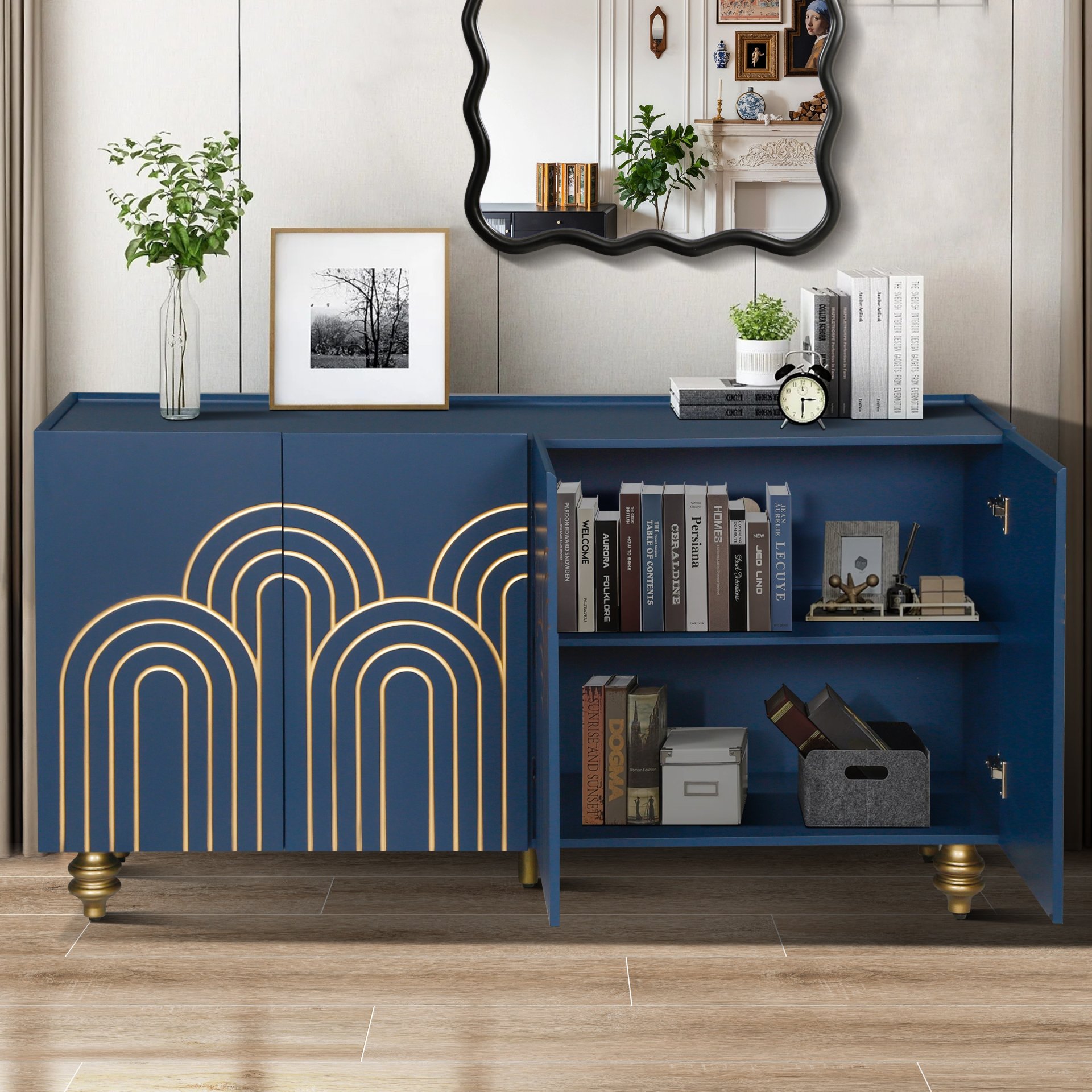 Modern Fluted Sideboard Buffet With Adjustable Shelves, Curve Element With Strict Lines - Navy Blue - Image 5