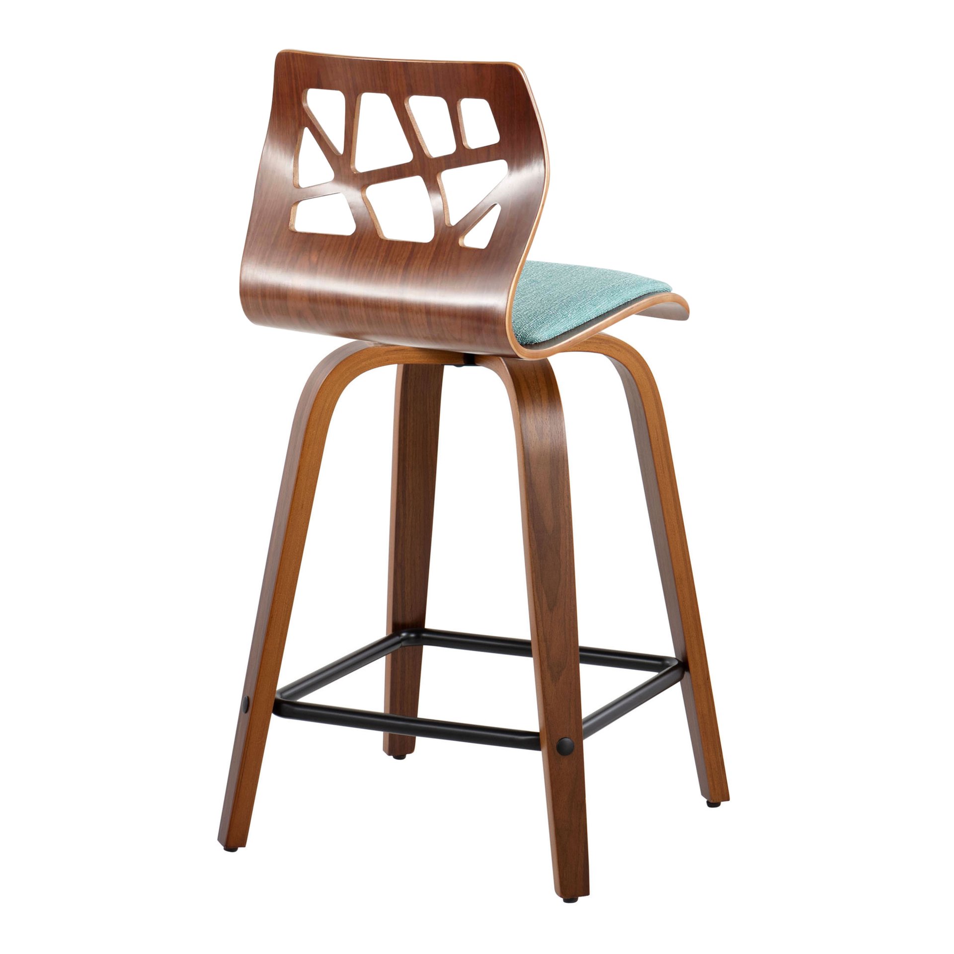 Folia - Mid-Century Modern Fixed Height Counter Stool With Swivel With Square Footrest (Set of 2) - Walnut / Teal - Image 4