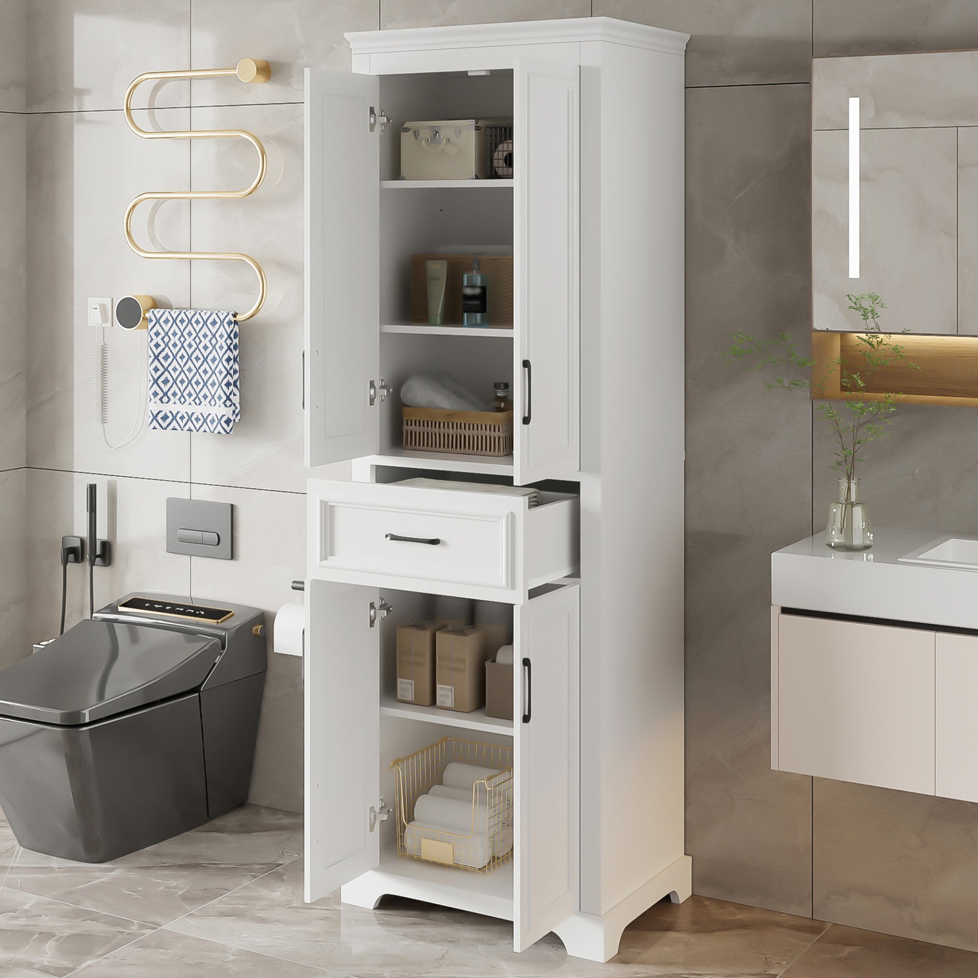 Freestanding Bathroom Vanity, Elegant Design With 4 Doors & 1 Drawer, Adjustable Shelves, Damping Hinges - White - Image 5