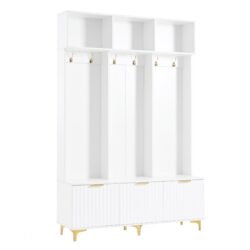 Modern Large Storage Hall Tree With Bench, Luxurious Coat Rack With 6 Hooks And Legs For Entryway, Living Room - White / Gold