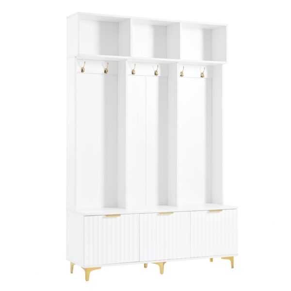 Modern Large Storage Hall Tree With Bench, Luxurious Coat Rack With 6 Hooks And Legs For Entryway, Living Room - White / Gold