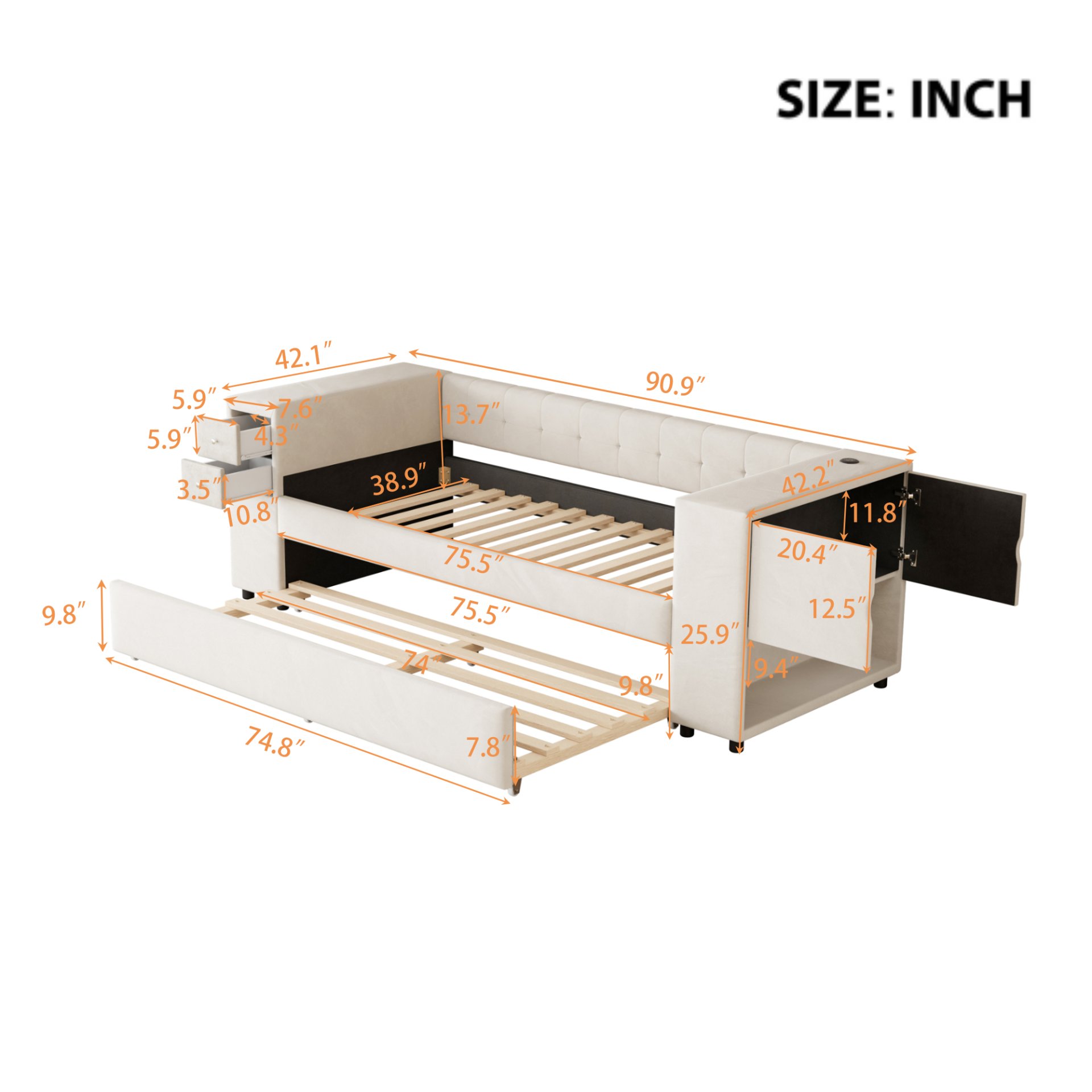 Twin Upholstered Bed With Storage And Twin Trundle, USB Charging Ports - Beige - Image 3