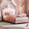 Twin Size Upholstered Princess Bed With Crown Headboard, Twin Size Platform Bed With Headboard And Footboard - White / Pink - Image 11